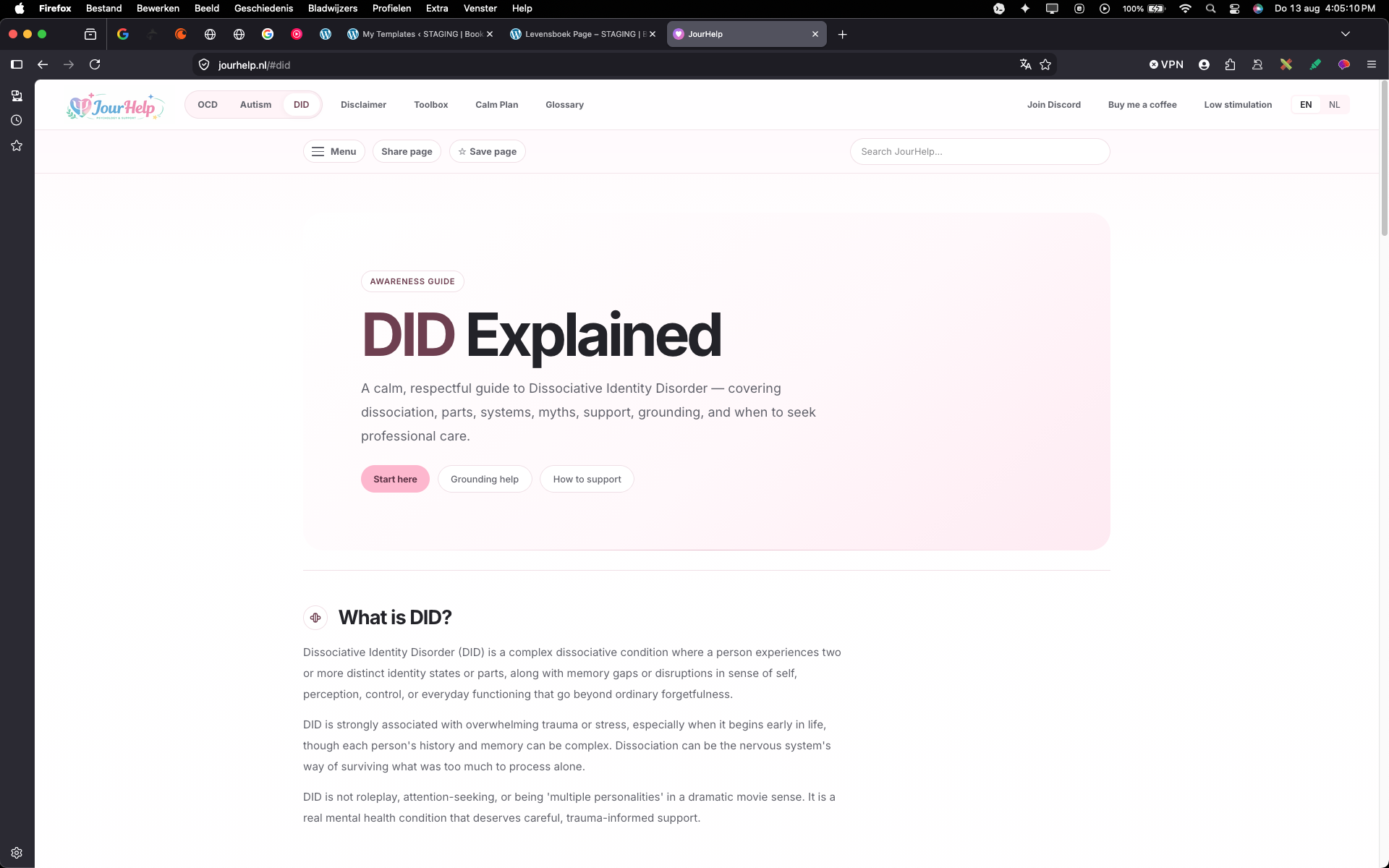 Screenshot of the JourHelp DID guide